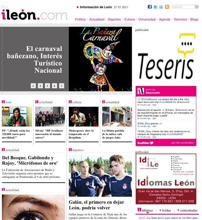 La primera portada de iLeón.com, con el viejo diseño de escritorio.